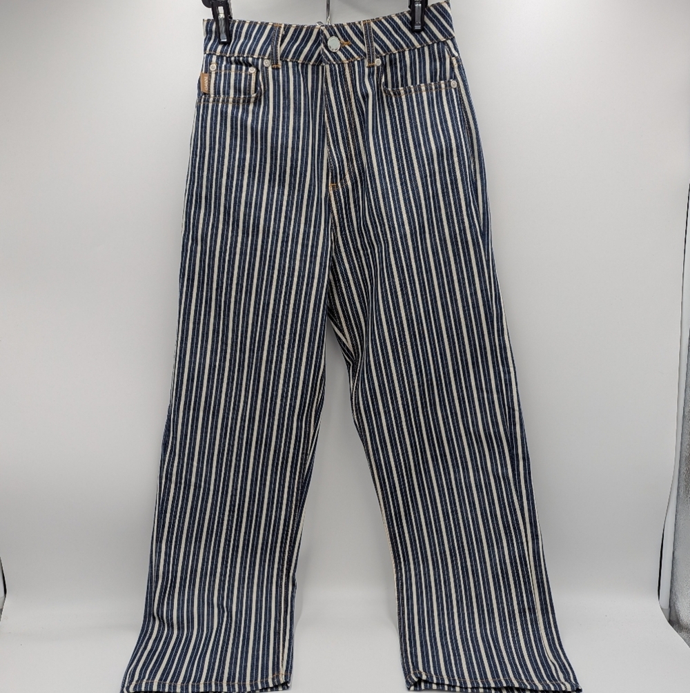 Ganni High Waist Jeans Mixed Stripes Denim Straight Legs Navy White Women's 26